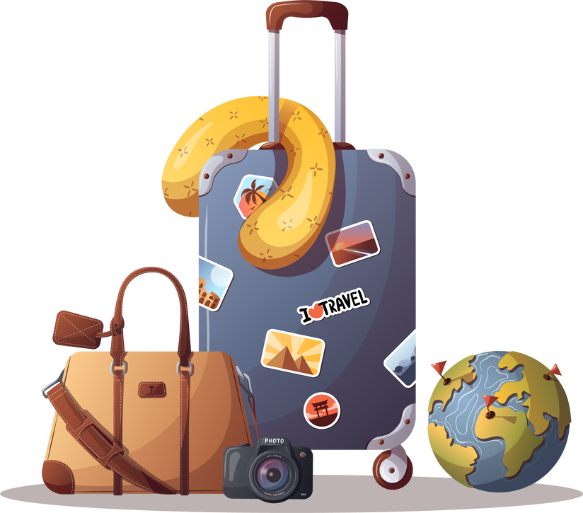 Suitcase, travel pillow, bag, camera and globe